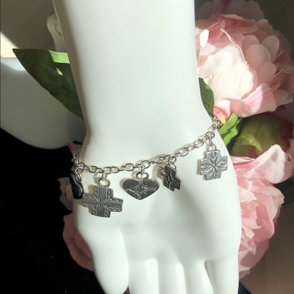 Sterling Silver Charm Bracelet w/Hearts&Crosses - Picture 6 of 7